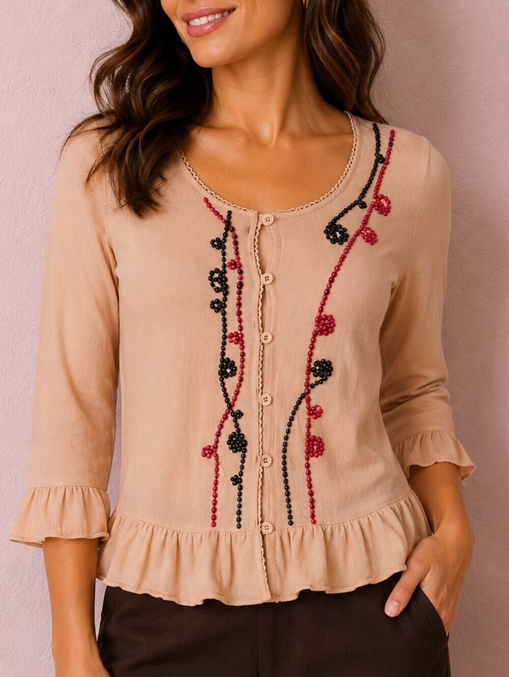 VTG NICK & MO Cream Ruffle Embroidered Peplum Button Down Sweater Medium